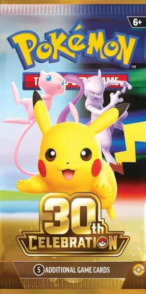 Pokémon TCG 30th Celebration booster pack with Pikachu, Mew and Mewtwo